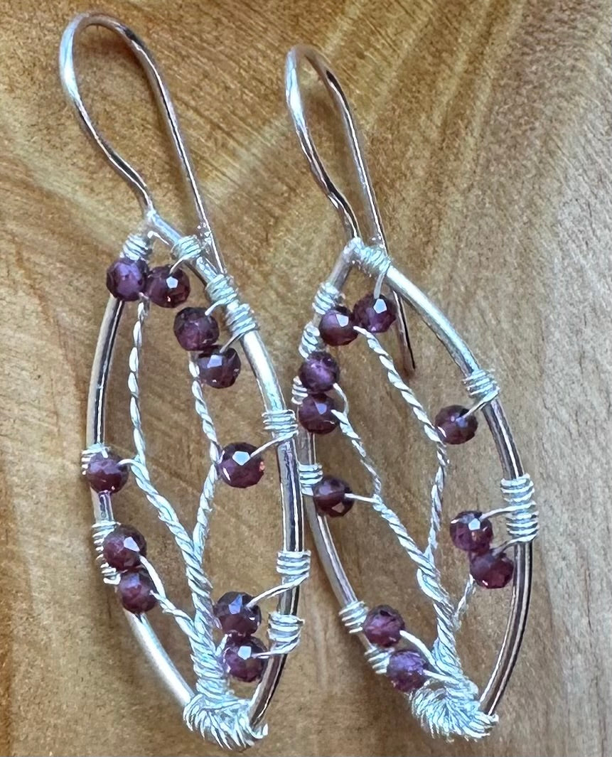 Garnet Sterling Silver Leaf Wrapped Bead Earrings
