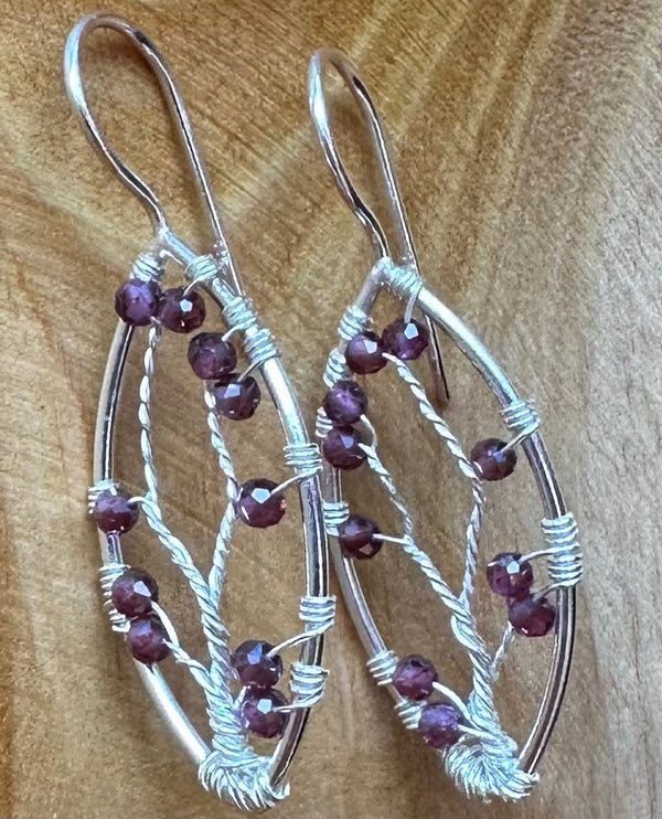 Garnet Sterling Silver Leaf Wrapped Bead Earrings