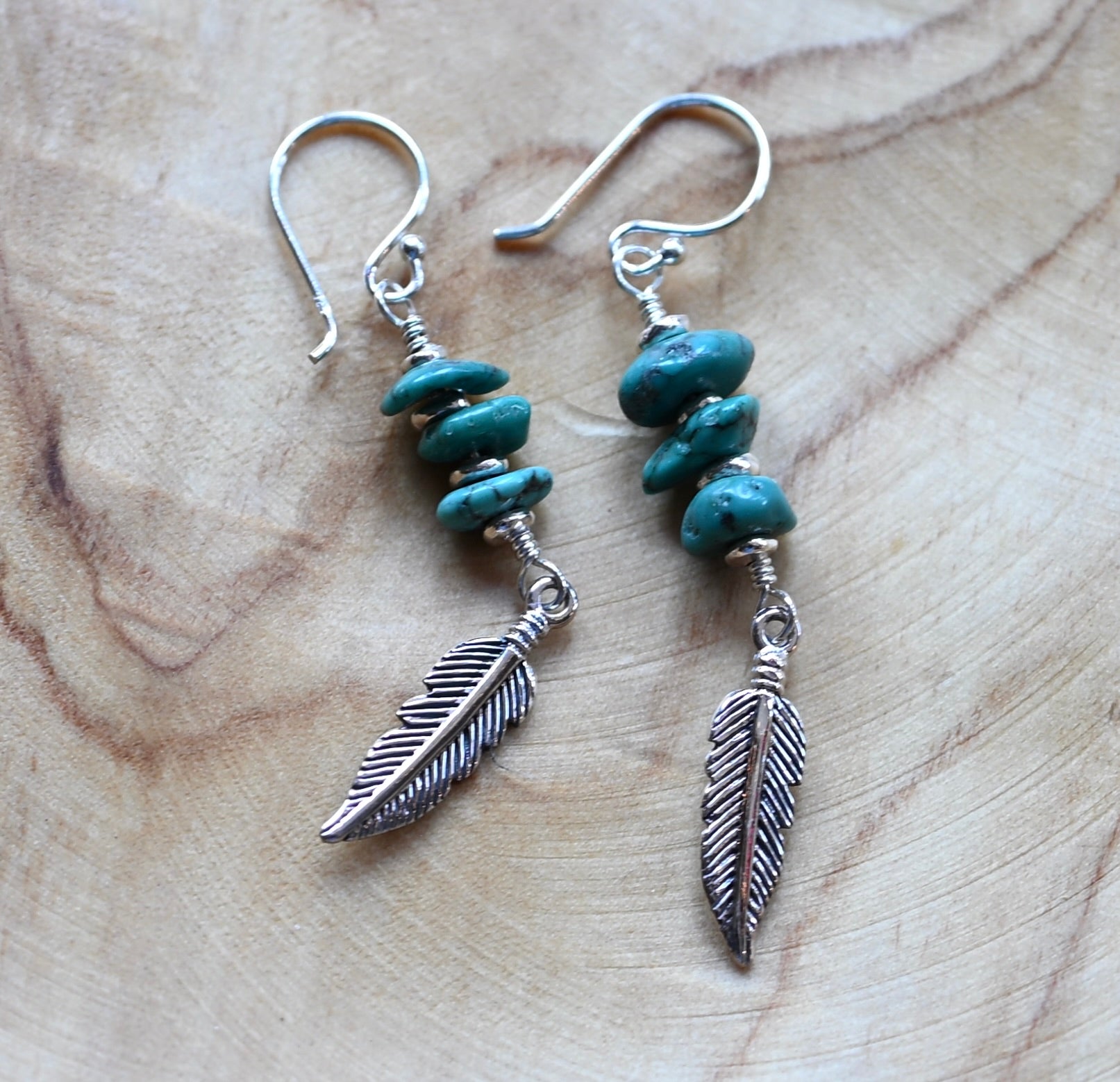 Sterling Silver .925 Feather & Turquoise Pebble Earrings