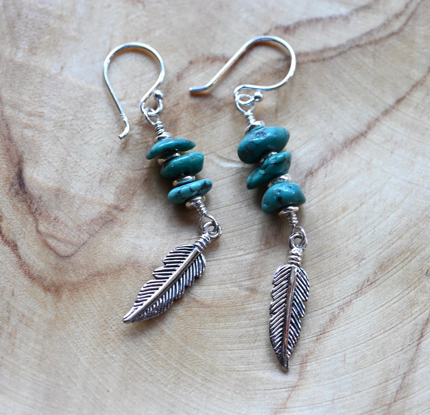 Sterling Silver .925 Feather & Turquoise Pebble Earrings