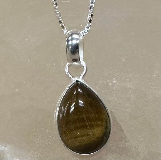 Tiger Eye & Sterling Silver .925 Teardrop Pendant & 18" Necklace