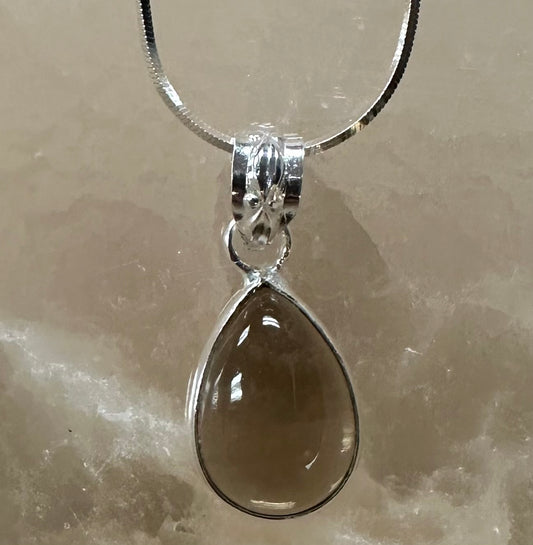 Smokey Quartz & Sterling Silver .925 Teardrop Pendant & 18" Necklace