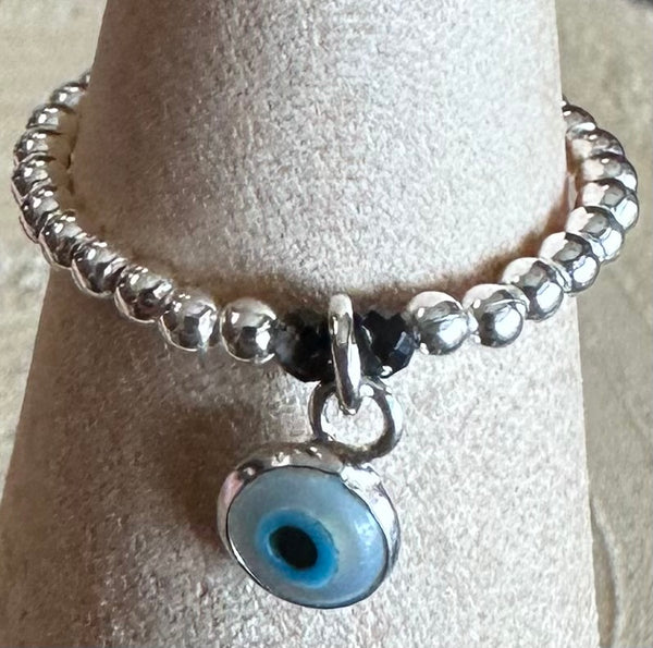 Evil Eye Sterling Silver Beaded Stretch Ring